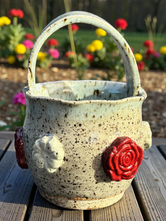 Blue Celadon Flower Basket | Small Speckled Stoneware | Handmade Jewelry or Trinket Pottery