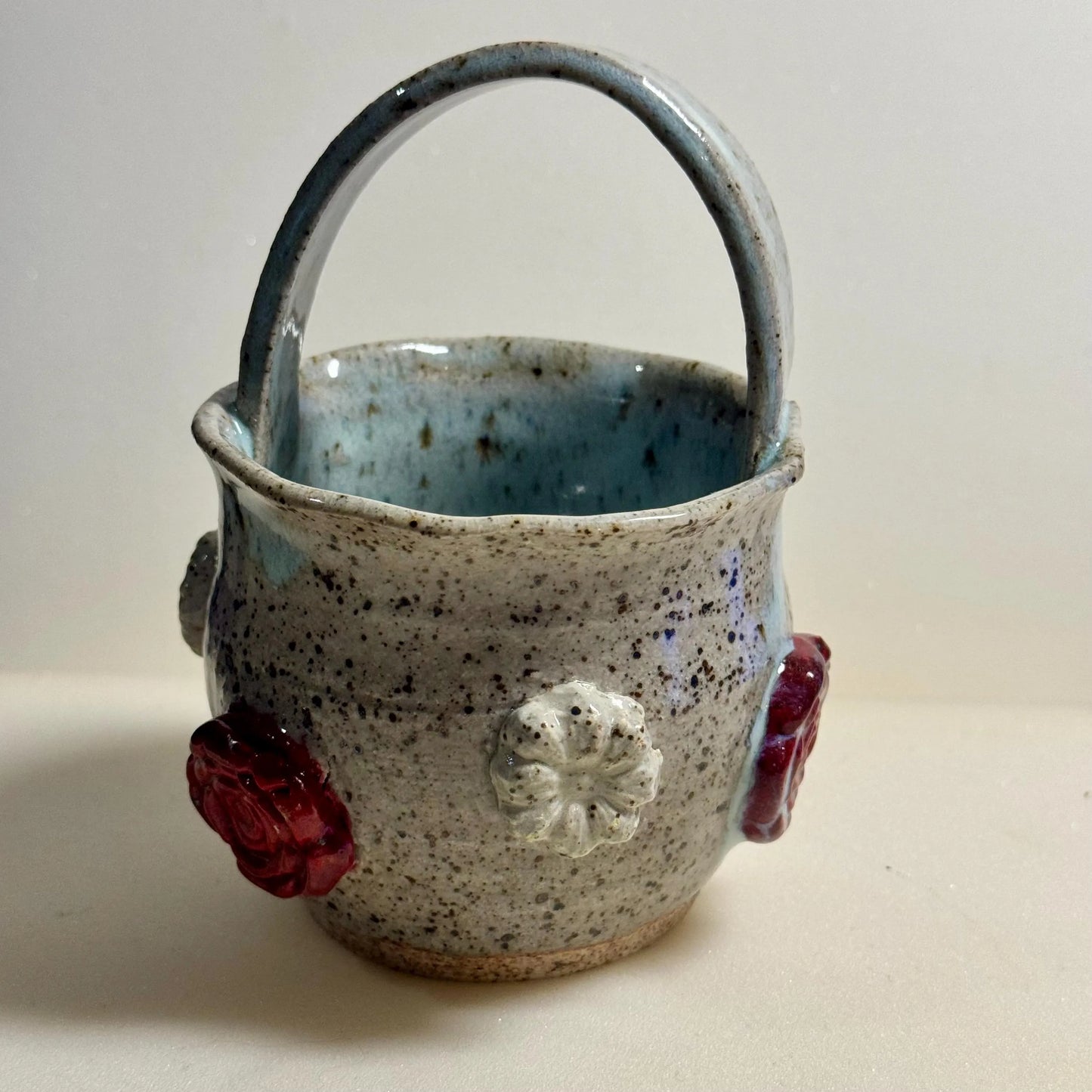 Blue Celadon Flower Basket | Small Speckled Stoneware | Handmade Jewelry or Trinket Pottery