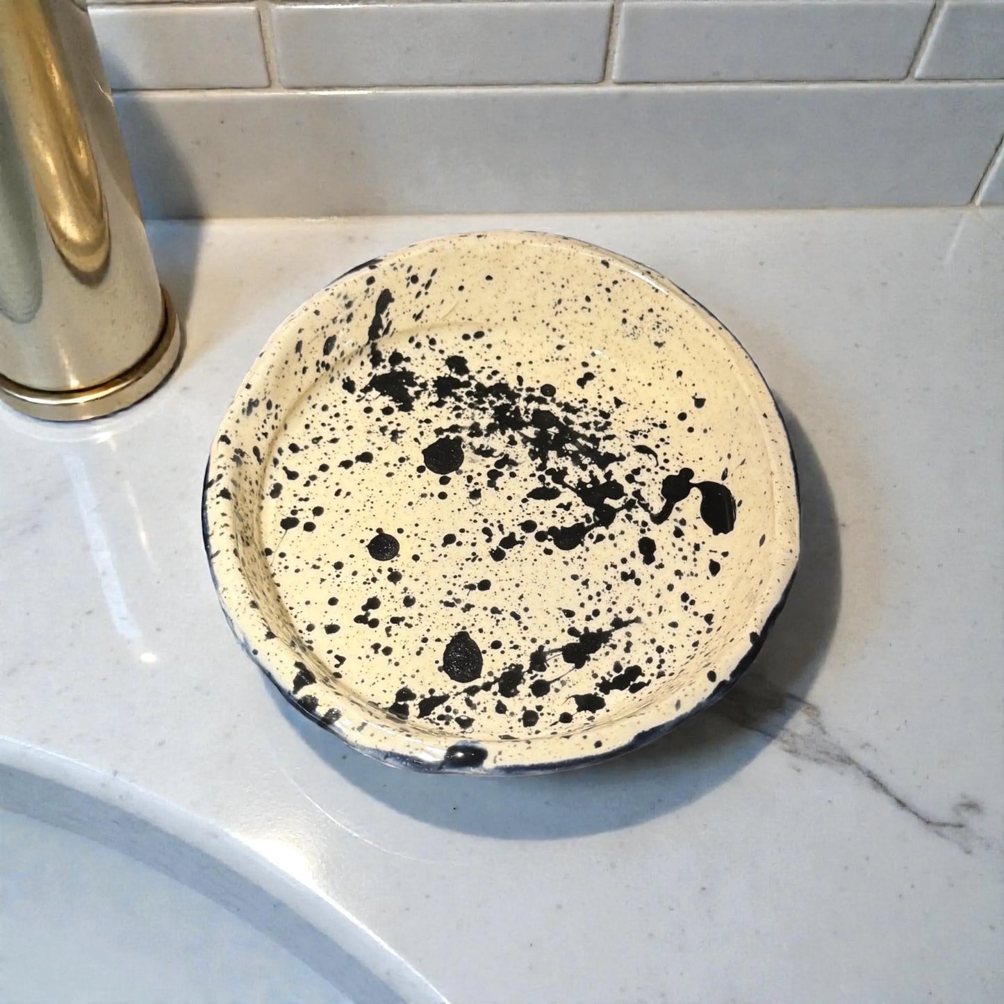 Handbuilt Ceramic Trinket Dish | Black Splatter Design | Sparkly Speckled Stoneware | 4" Catch-All Dish