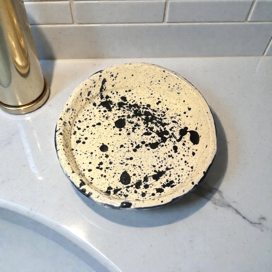 Handbuilt Ceramic Trinket Dish | Black Splatter Design | Sparkly Speckled Stoneware | 4" Catch-All Dish
