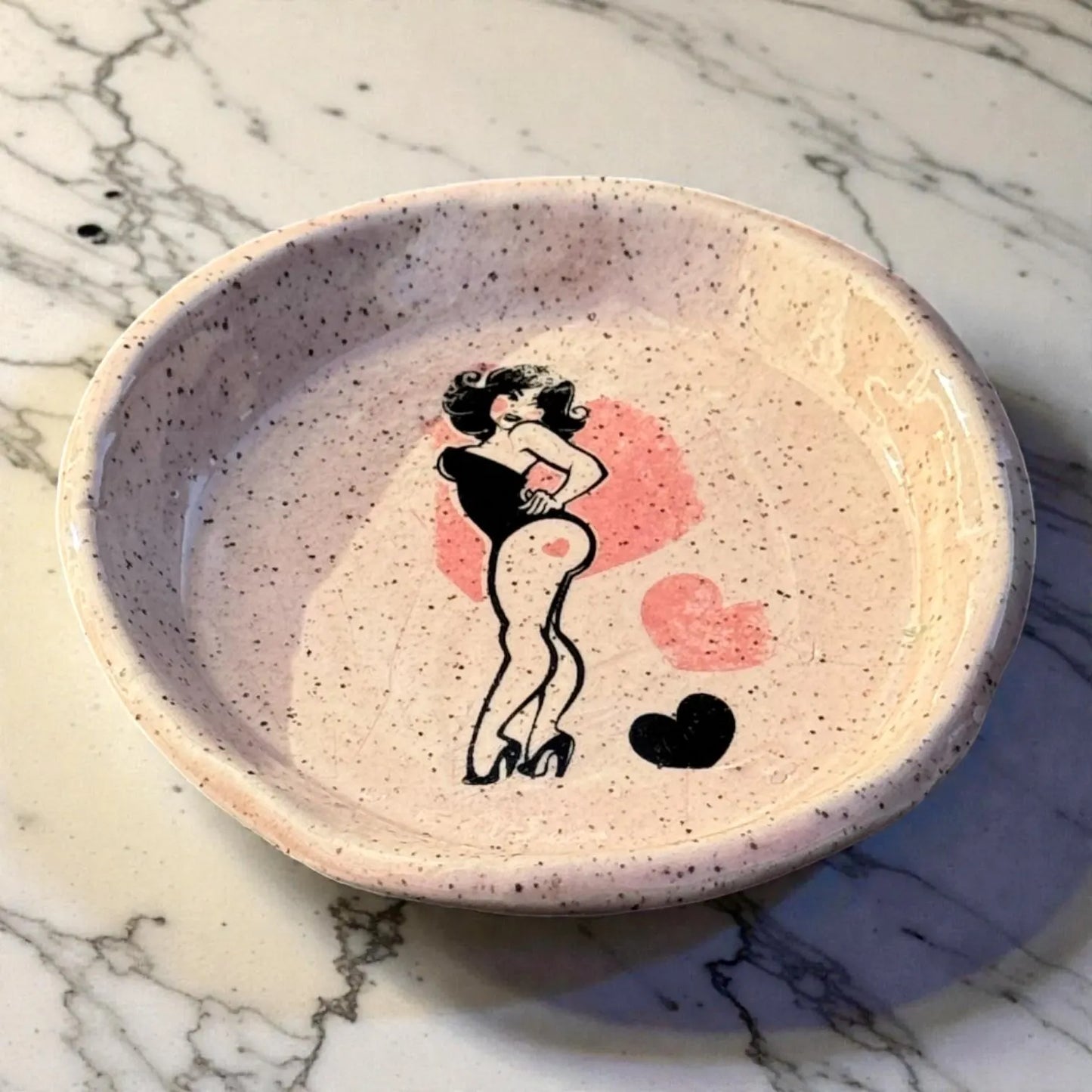 Handbuilt Retro Pin-Up Trinket Dish | Speckled Stoneware Jewelry Dish | Rockabilly Vanity Decor | 4" Handmade Ceramic Catch-All