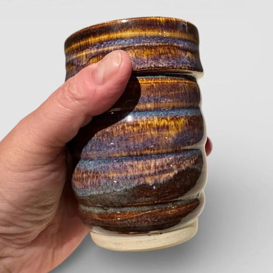 Wheel-Thrown Brown and Blue Ceramic Tumbler | Handmade Stoneware Cup | Textured Pottery for Coffee, Tea, or Whiskey