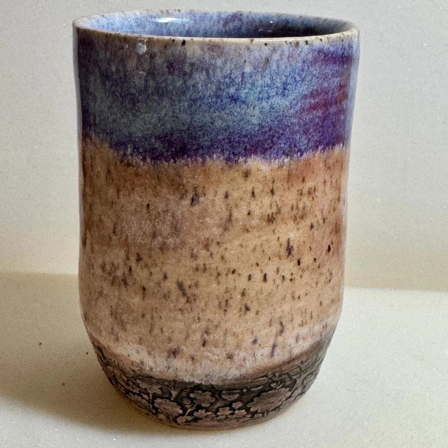 Handmade Ceramic Tumbler | 9 oz | Soft Blue & Lavender Glaze | Floral Relief Pottery Cup