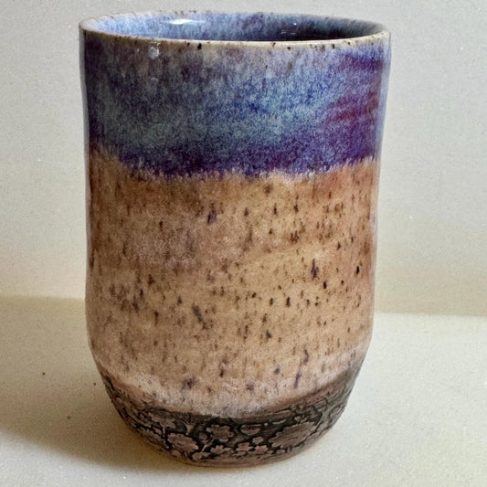 Handmade Ceramic Tumbler | 9 oz | Soft Blue & Lavender Glaze | Floral Relief Pottery Cup