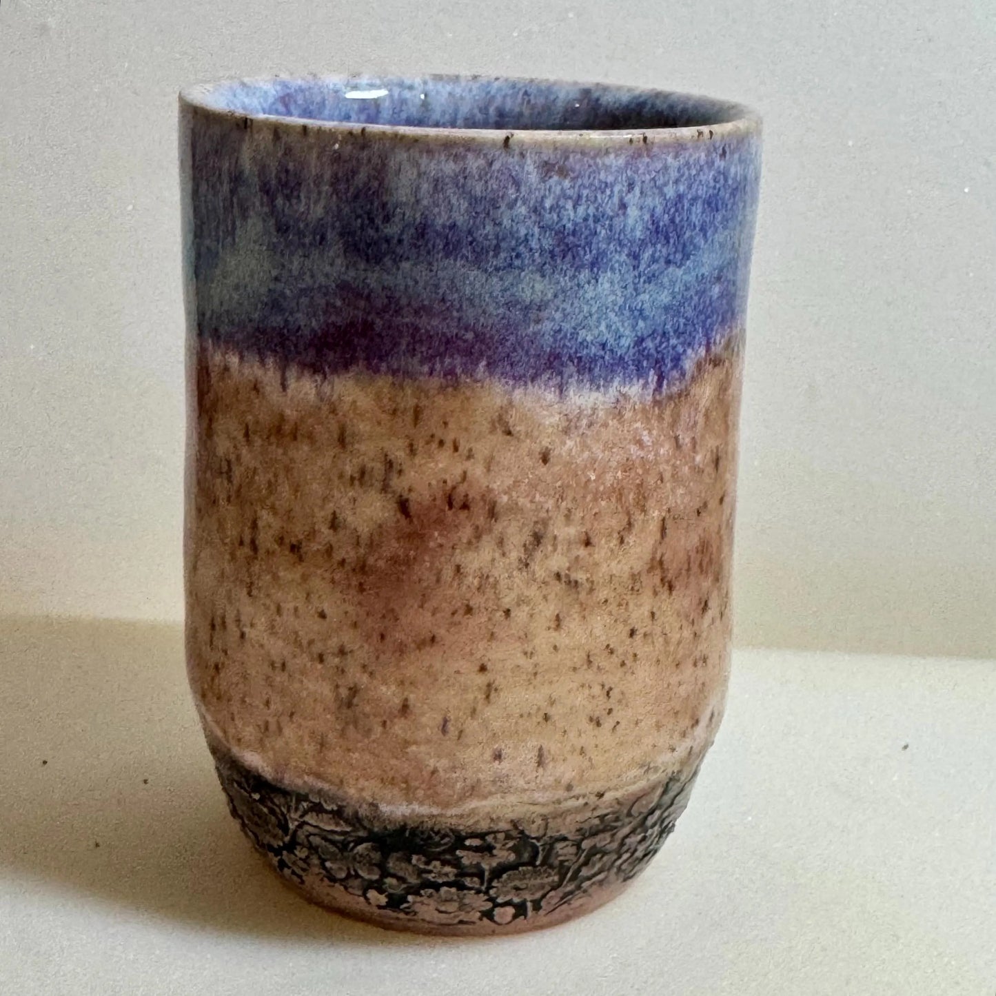 Handmade Ceramic Tumbler | 9 oz | Soft Blue & Lavender Glaze | Floral Relief Pottery Cup