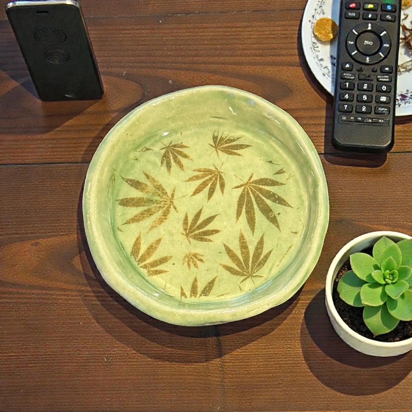 Cannabis Leaf Trinket Dish | Handmade Ceramic Stoneware | Green Glazed 4 Inch Catchall