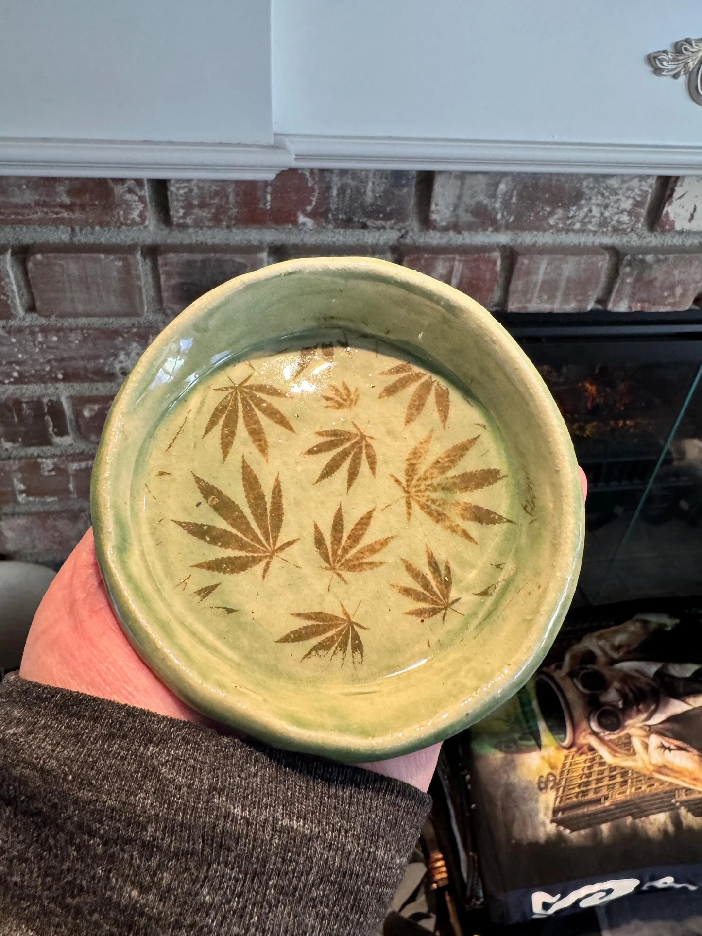 Cannabis Leaf Trinket Dish | Handmade Ceramic Stoneware | Green Glazed 4 Inch Catchall