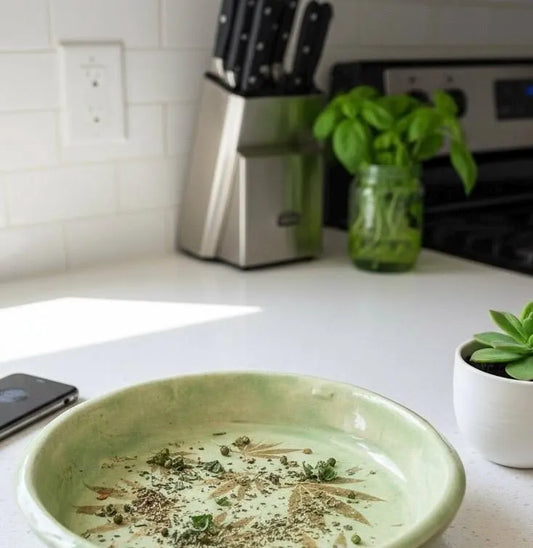 Cannabis Leaf Trinket Dish | Handmade Ceramic Stoneware | Green Glazed 4 Inch Catchall