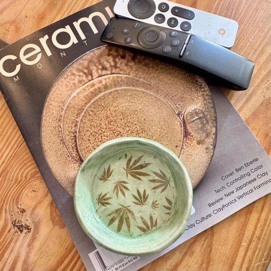 Cannabis Leaf Trinket Dish | Handmade Ceramic Stoneware | Green Glazed 4 Inch Catchall