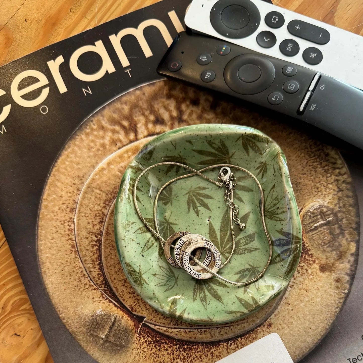 Cannabis Leaf Trinket Dish | Handmade Green Stoneware | Spoon Rest or Catchall