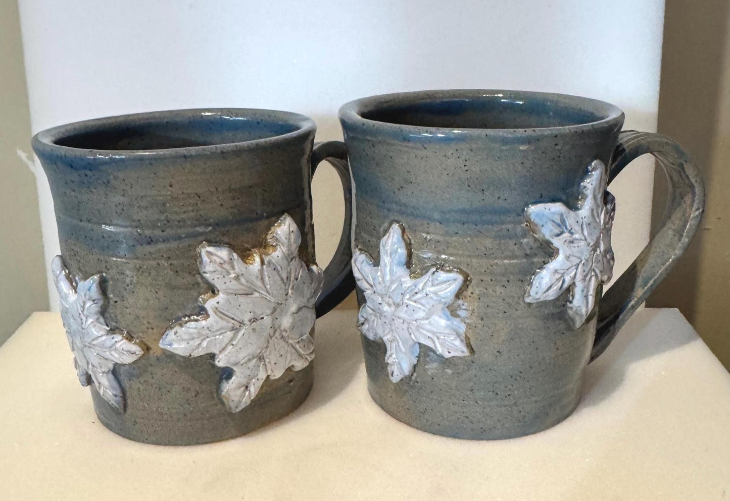 Handmade Snowflake Mug Set | Set of 2 | 16 oz Wheel-Thrown Stoneware Coffee Cups | Holiday Gift | Blue-Gray Ceramic Mugs