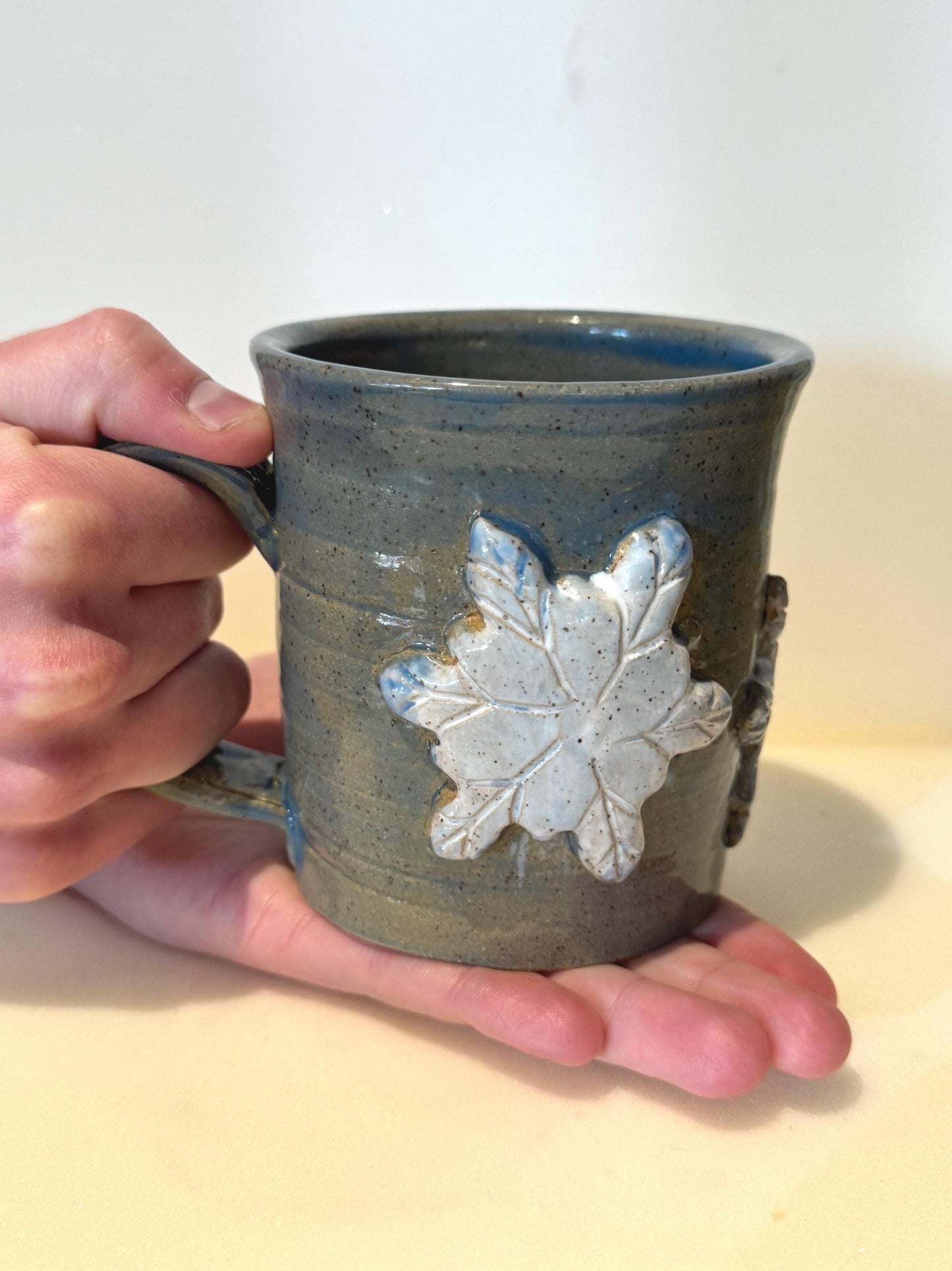Handmade Snowflake Mug Set | Set of 2 | 16 oz Wheel-Thrown Stoneware Coffee Cups | Holiday Gift | Blue-Gray Ceramic Mugs