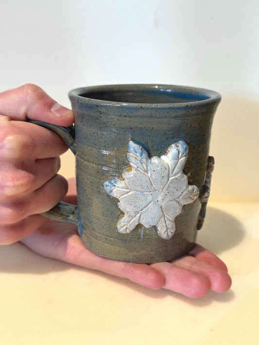 Handmade Snowflake Mug Set | Set of 2 | 16 oz Wheel-Thrown Stoneware Coffee Cups | Holiday Gift | Blue-Gray Ceramic Mugs