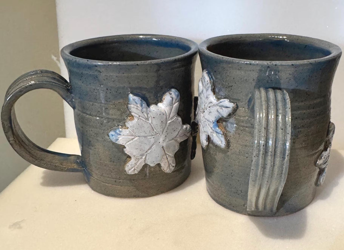 Handmade Snowflake Mug Set | Set of 2 | 16 oz Wheel-Thrown Stoneware Coffee Cups | Holiday Gift | Blue-Gray Ceramic Mugs