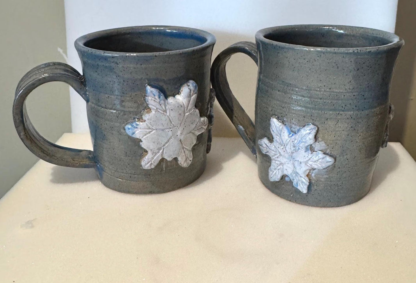 Handmade Snowflake Mug Set | Set of 2 | 16 oz Wheel-Thrown Stoneware Coffee Cups | Holiday Gift | Blue-Gray Ceramic Mugs