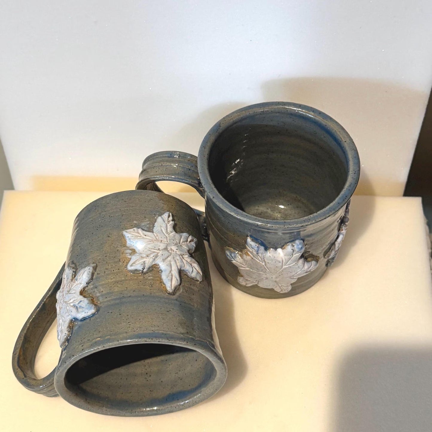 Handmade Snowflake Mug Set | Set of 2 | 16 oz Wheel-Thrown Stoneware Coffee Cups | Holiday Gift | Blue-Gray Ceramic Mugs