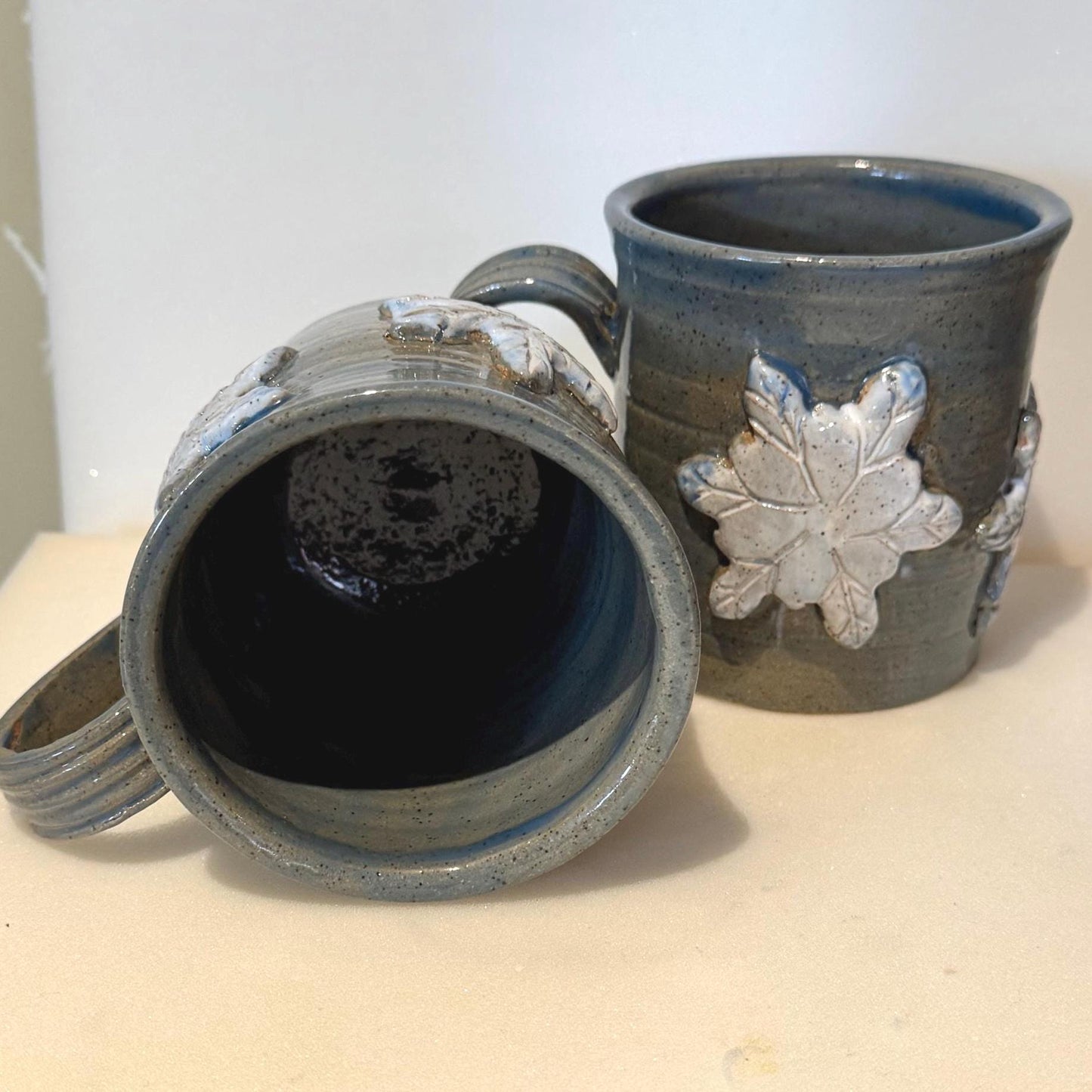 Handmade Snowflake Mug Set | Set of 2 | 16 oz Wheel-Thrown Stoneware Coffee Cups | Holiday Gift | Blue-Gray Ceramic Mugs