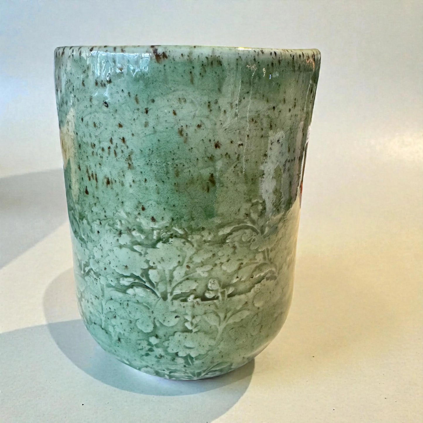 Green Floral Tumbler | 8 oz Small Speckled Stoneware | Handmade Floral Relief Pottery