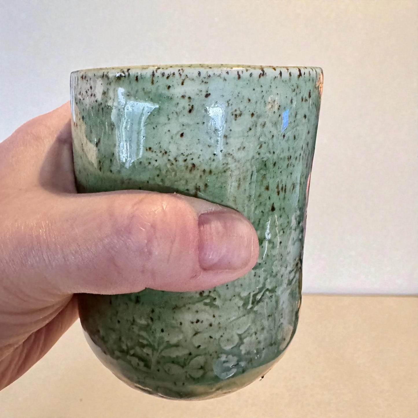Green Floral Tumbler | 8 oz Small Speckled Stoneware | Handmade Floral Relief Pottery
