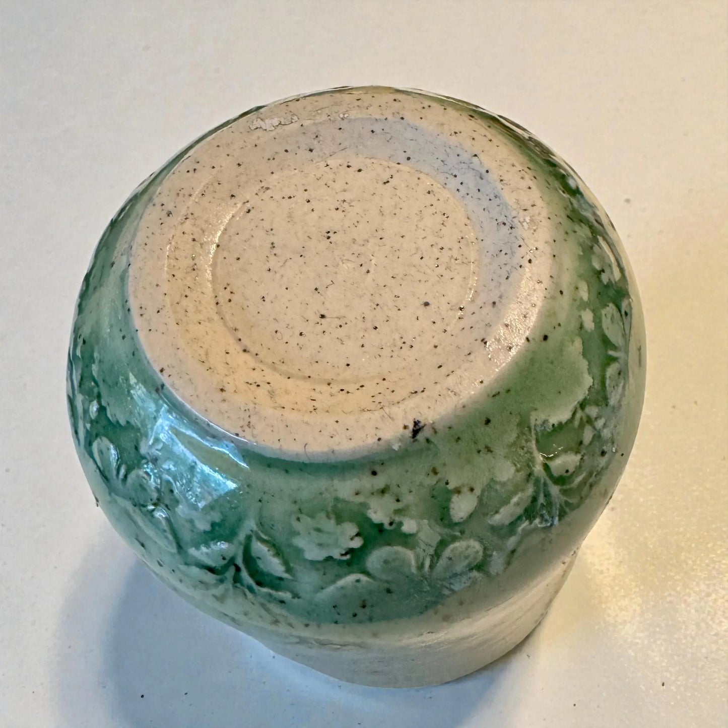 Green Floral Tumbler | 8 oz Small Speckled Stoneware | Handmade Floral Relief Pottery