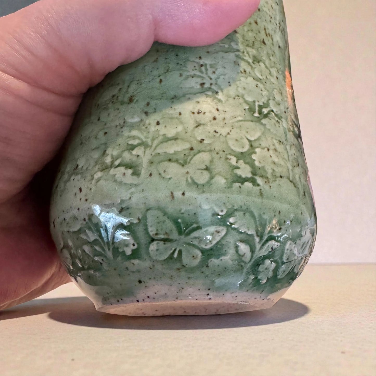 Green Floral Tumbler | 8 oz Small Speckled Stoneware | Handmade Floral Relief Pottery