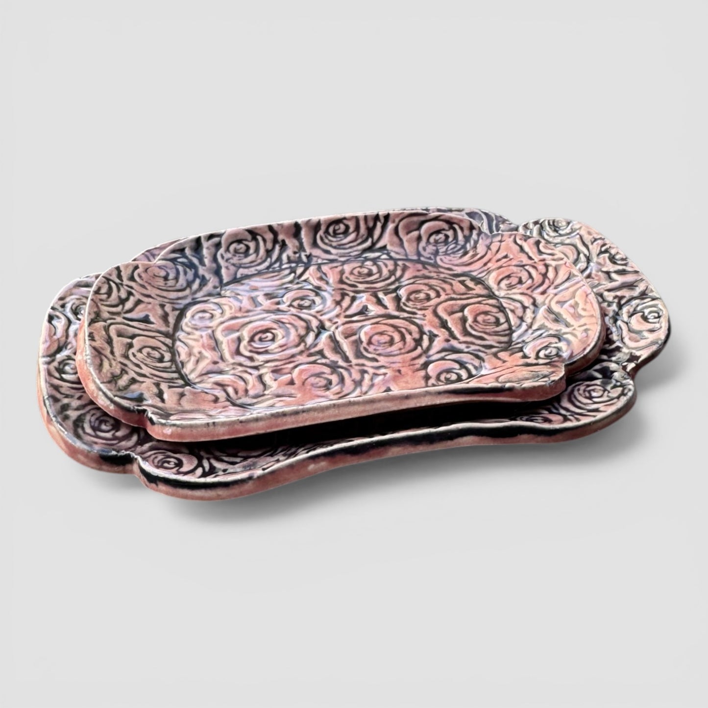 Rose Garden Tray Set | Nested Hand-Textured Stoneware | Handmade Catch-All & Soap Dish