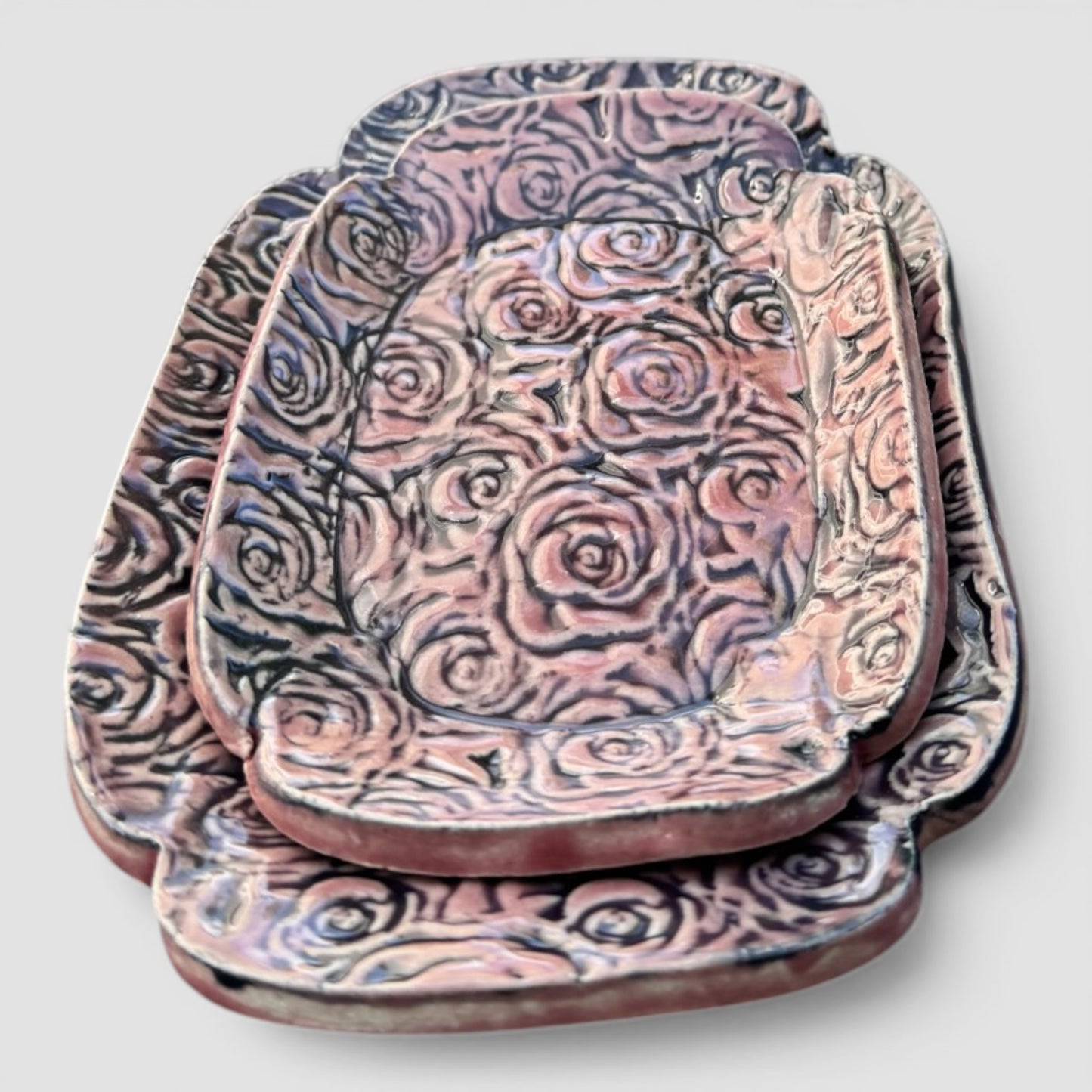 Rose Garden Tray Set | Nested Hand-Textured Stoneware | Handmade Catch-All & Soap Dish