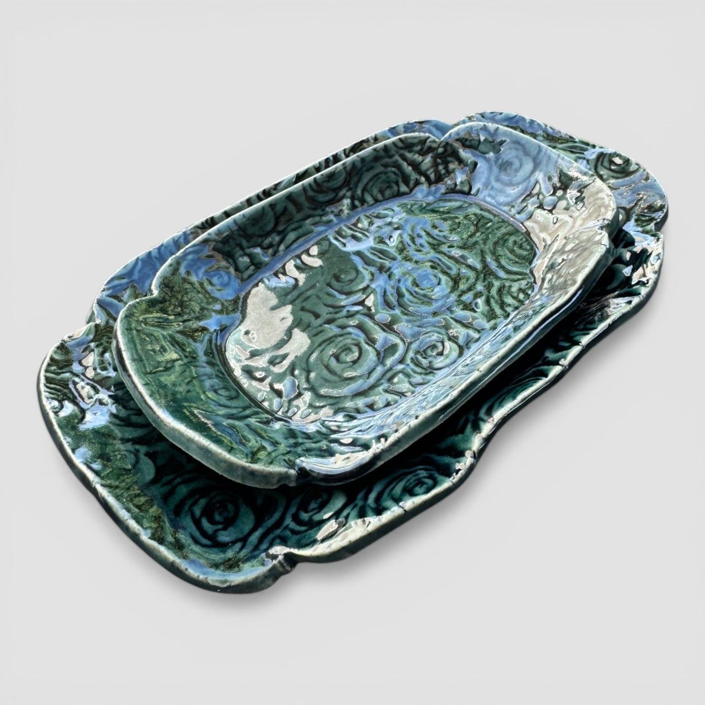 Rainforest Rose Tray Set | Nested Hand-Textured Stoneware | Handmade Catch-All & Soap Dish