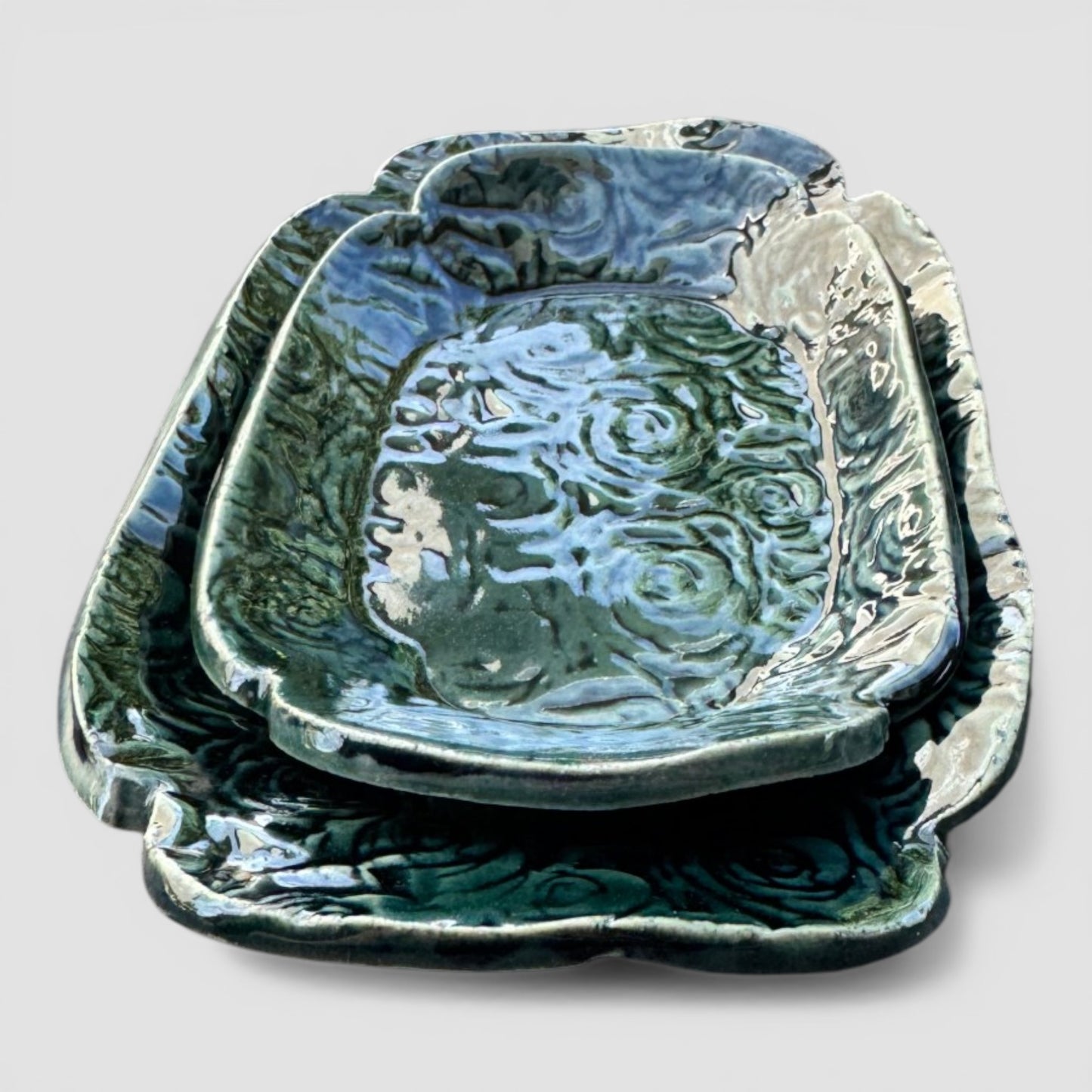 Rainforest Rose Tray Set | Nested Hand-Textured Stoneware | Handmade Catch-All & Soap Dish