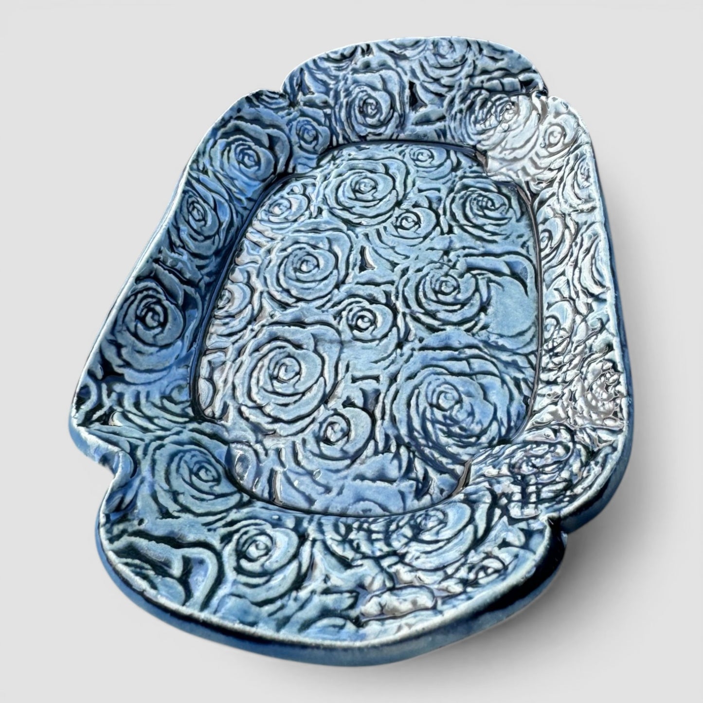 Blue Rose Tray | Hand-Textured Stoneware Catch-All | Handmade Vanity & Jewelry Dish