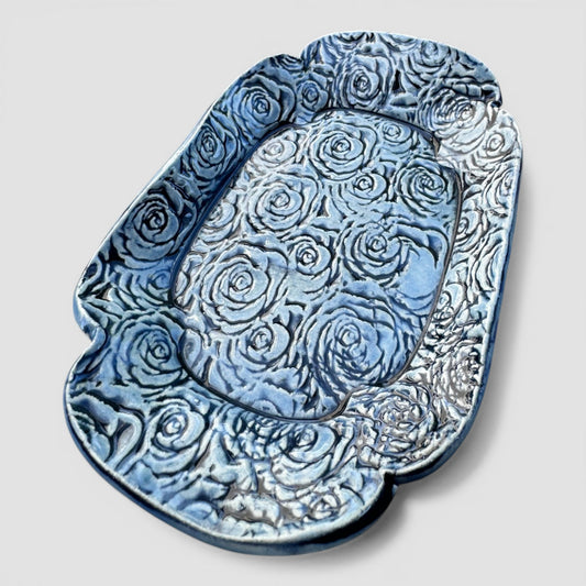 Blue Rose Tray | Hand-Textured Stoneware Catch-All | Handmade Vanity & Jewelry Dish