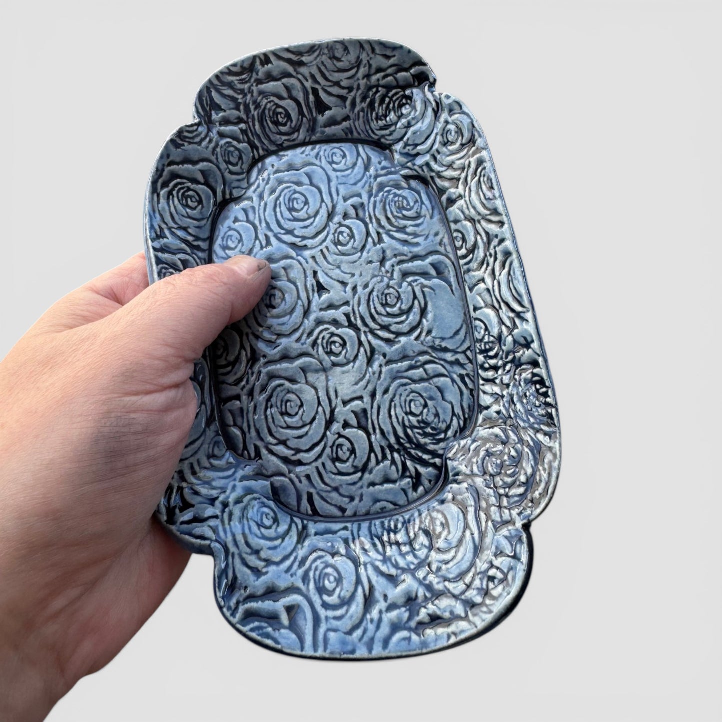 Blue Rose Tray | Hand-Textured Stoneware Catch-All | Handmade Vanity & Jewelry Dish