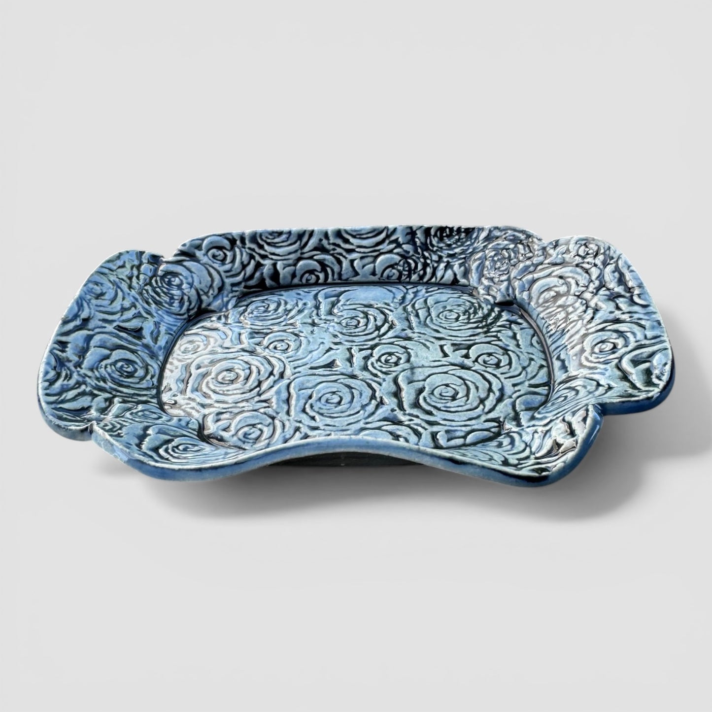 Blue Rose Tray | Hand-Textured Stoneware Catch-All | Handmade Vanity & Jewelry Dish