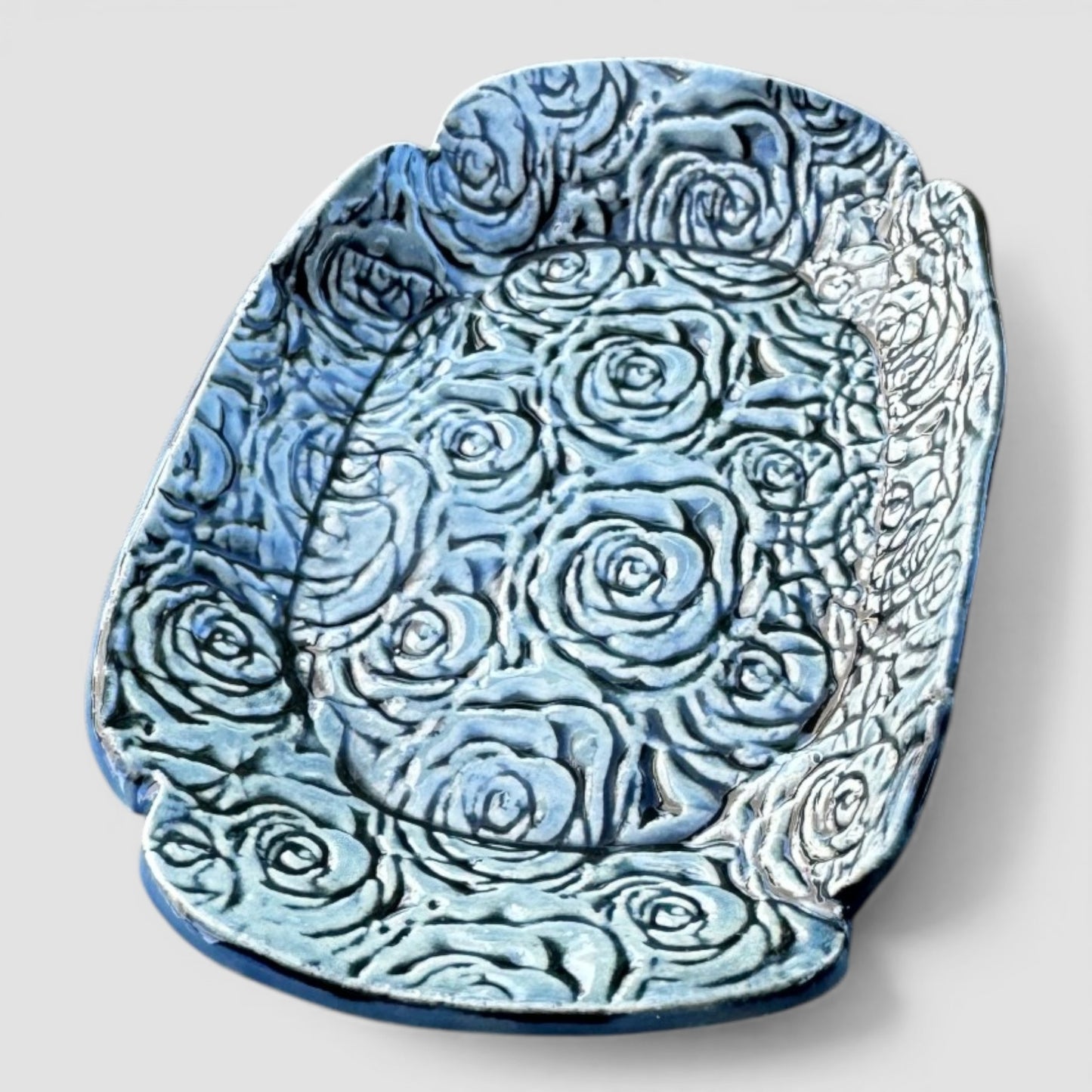 Blue Rose Tray | Hand-Textured Stoneware Catch-All | Handmade Vanity & Jewelry Dish
