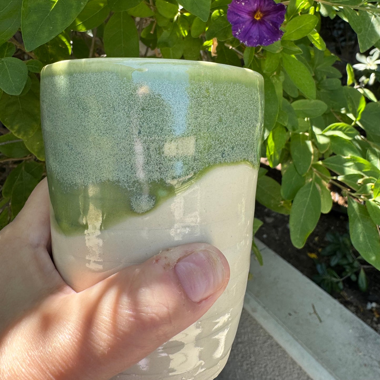 Mossy Green & Cream Tumbler | Wheel Thrown Stoneware | Handmade Pottery Cup