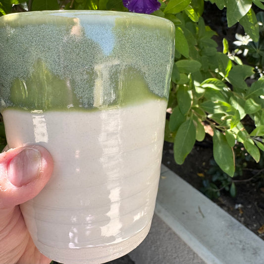 Mossy Green & Cream Tumbler | Wheel Thrown Stoneware | Handmade Pottery Cup
