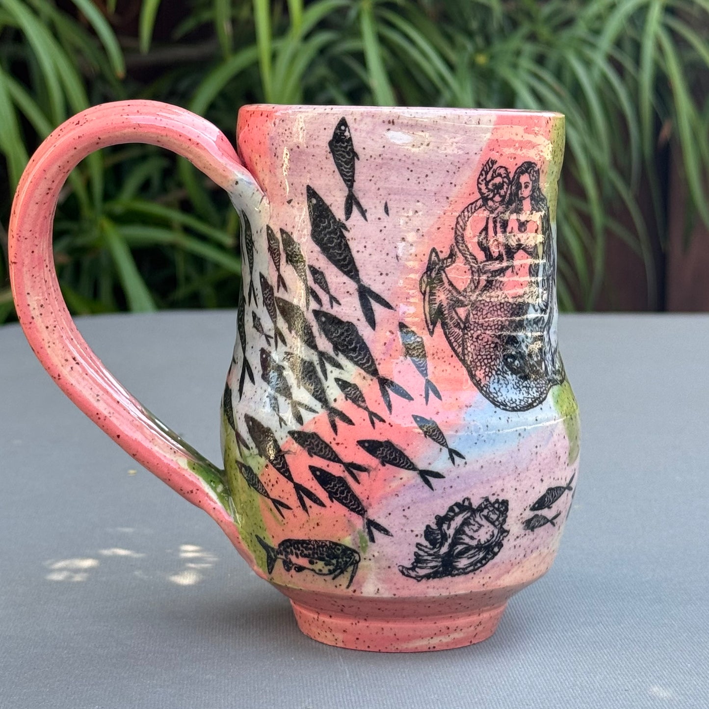 Hand-Thrown Stoneware Mug — Mermaid & Fish