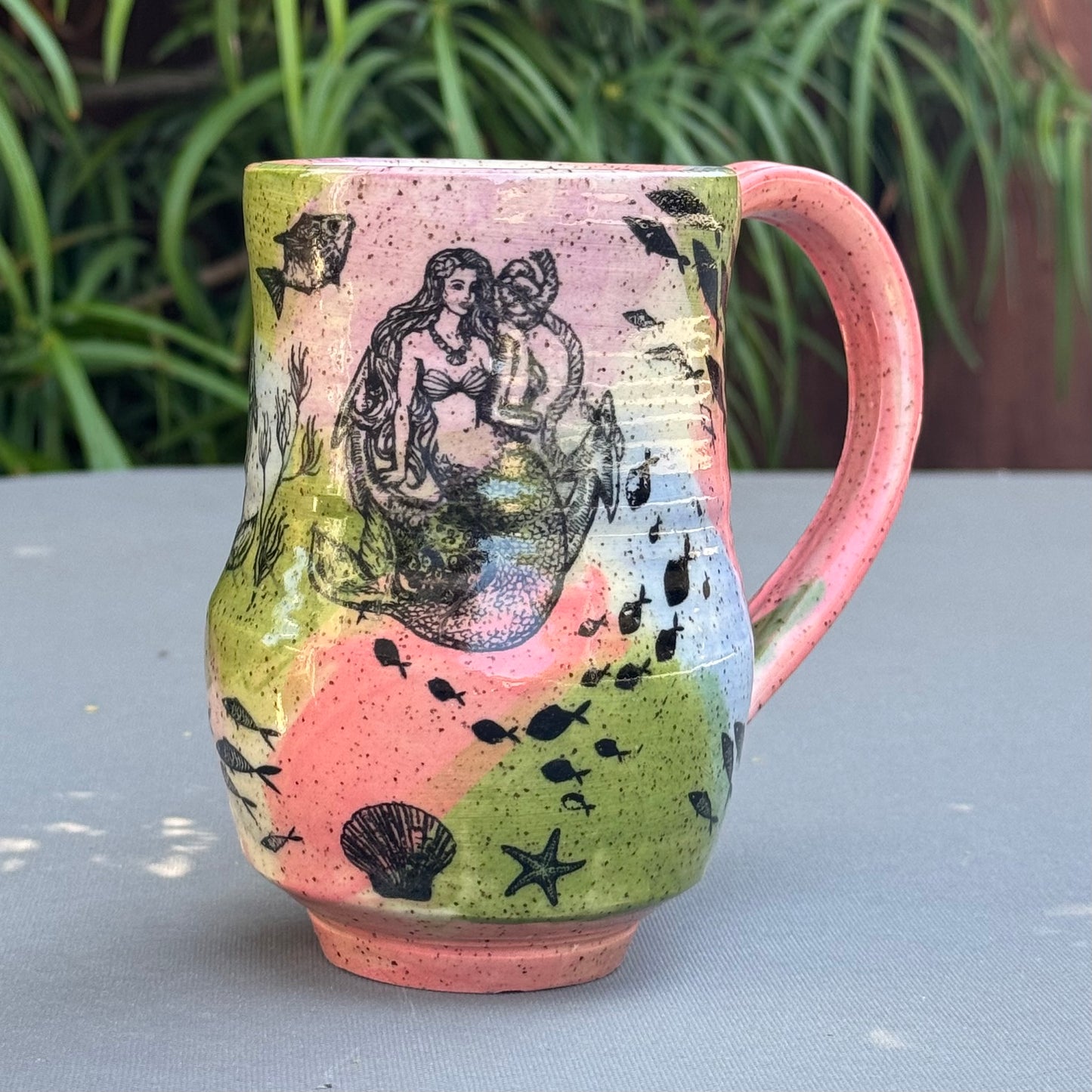 Hand-Thrown Stoneware Mug — Mermaid & Fish