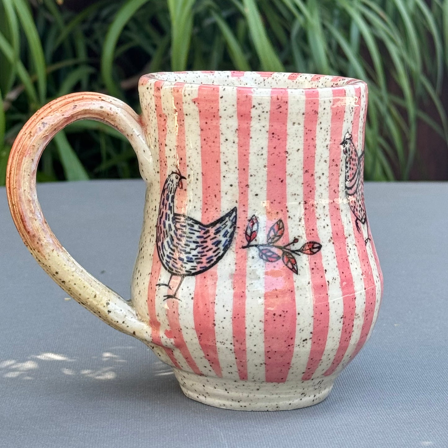 Hand-Thrown Stoneware Mug — Pink Stripe & Chickens