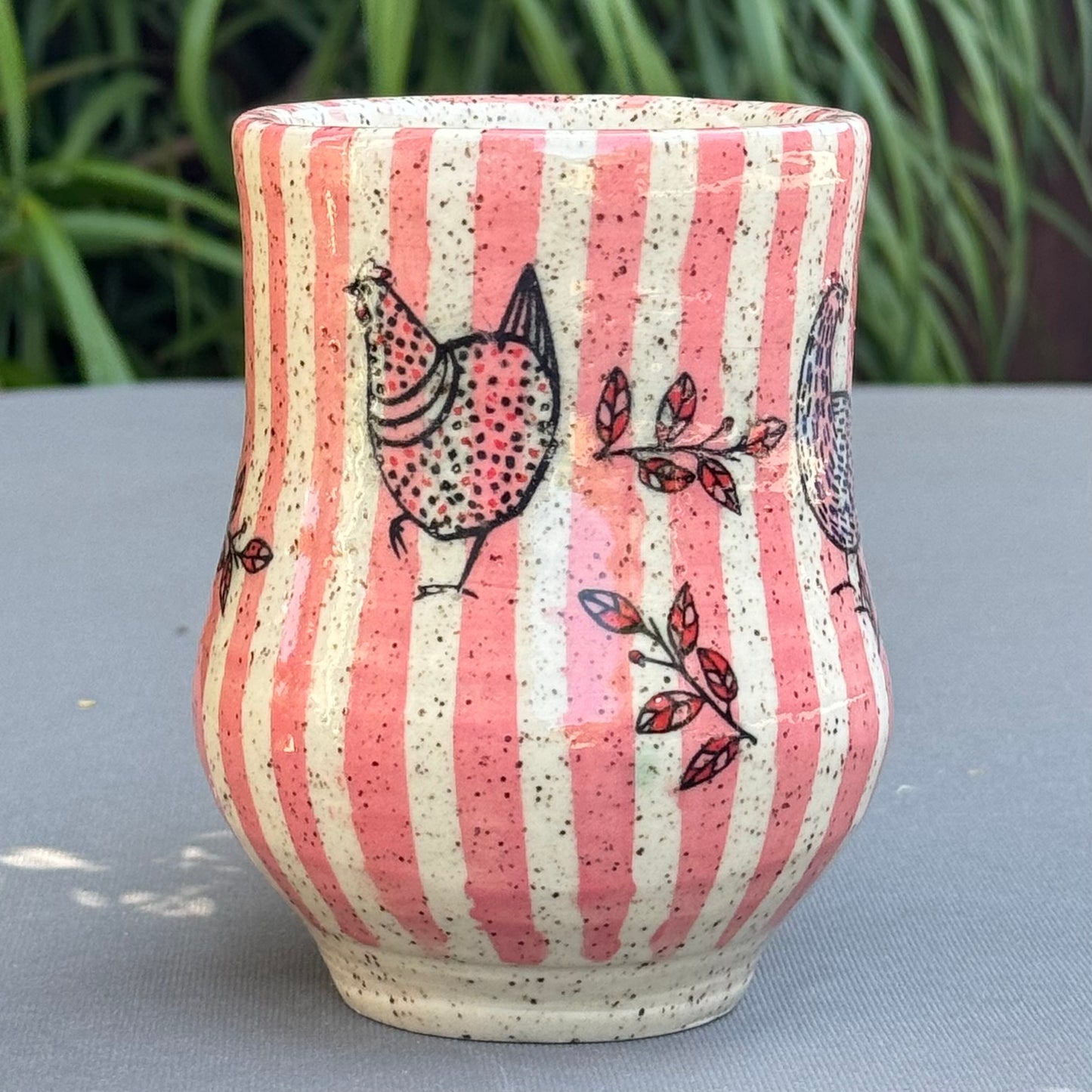 Hand-Thrown Stoneware Mug — Pink Stripe & Chickens