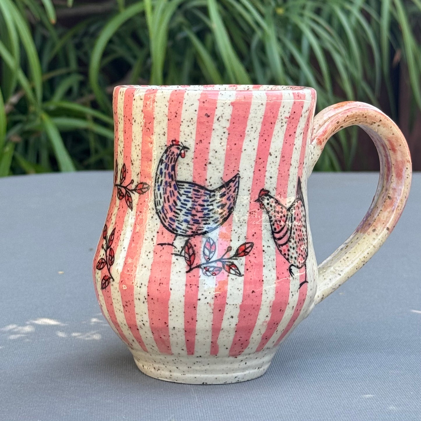 Hand-Thrown Stoneware Mug — Pink Stripe & Chickens