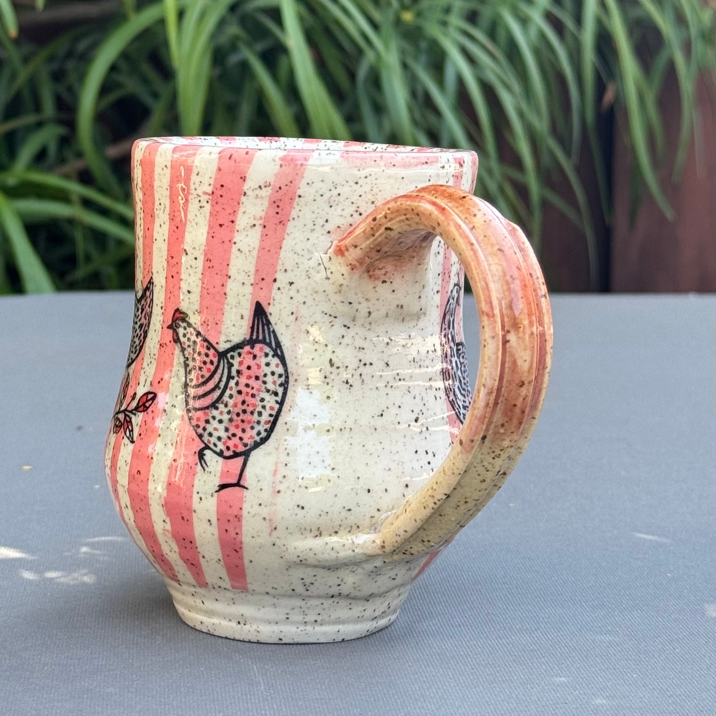 Hand-Thrown Stoneware Mug — Pink Stripe & Chickens