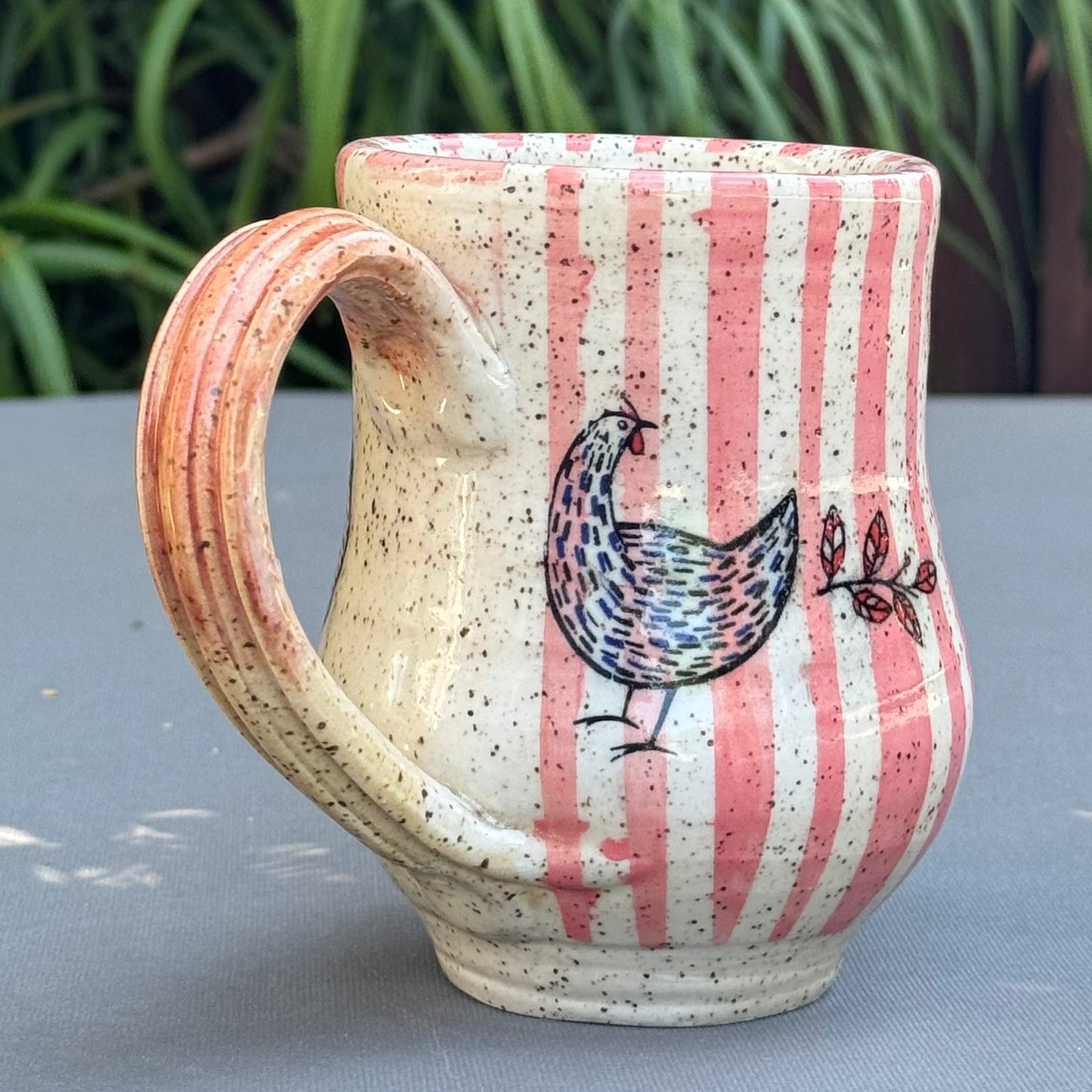 Hand-Thrown Stoneware Mug — Pink Stripe & Chickens