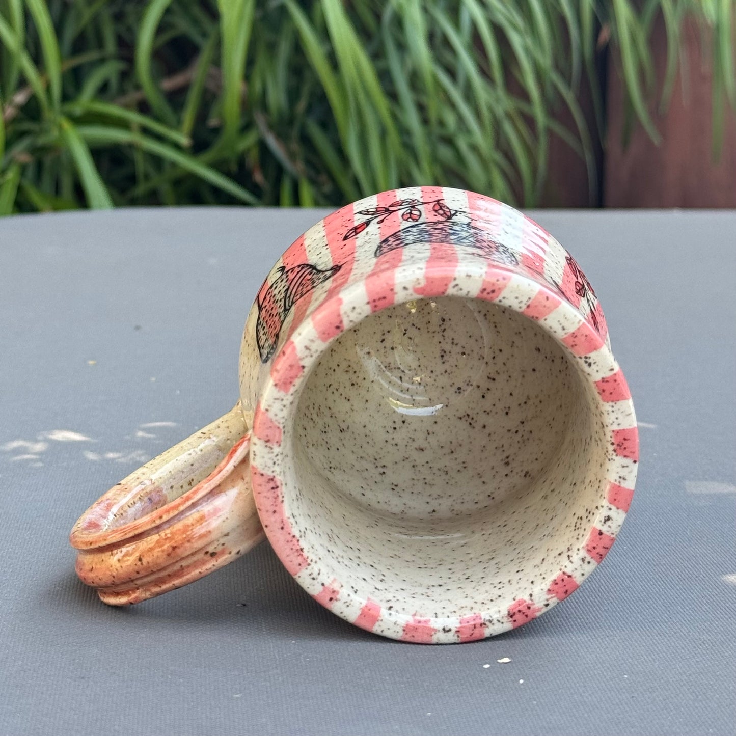 Hand-Thrown Stoneware Mug — Pink Stripe & Chickens