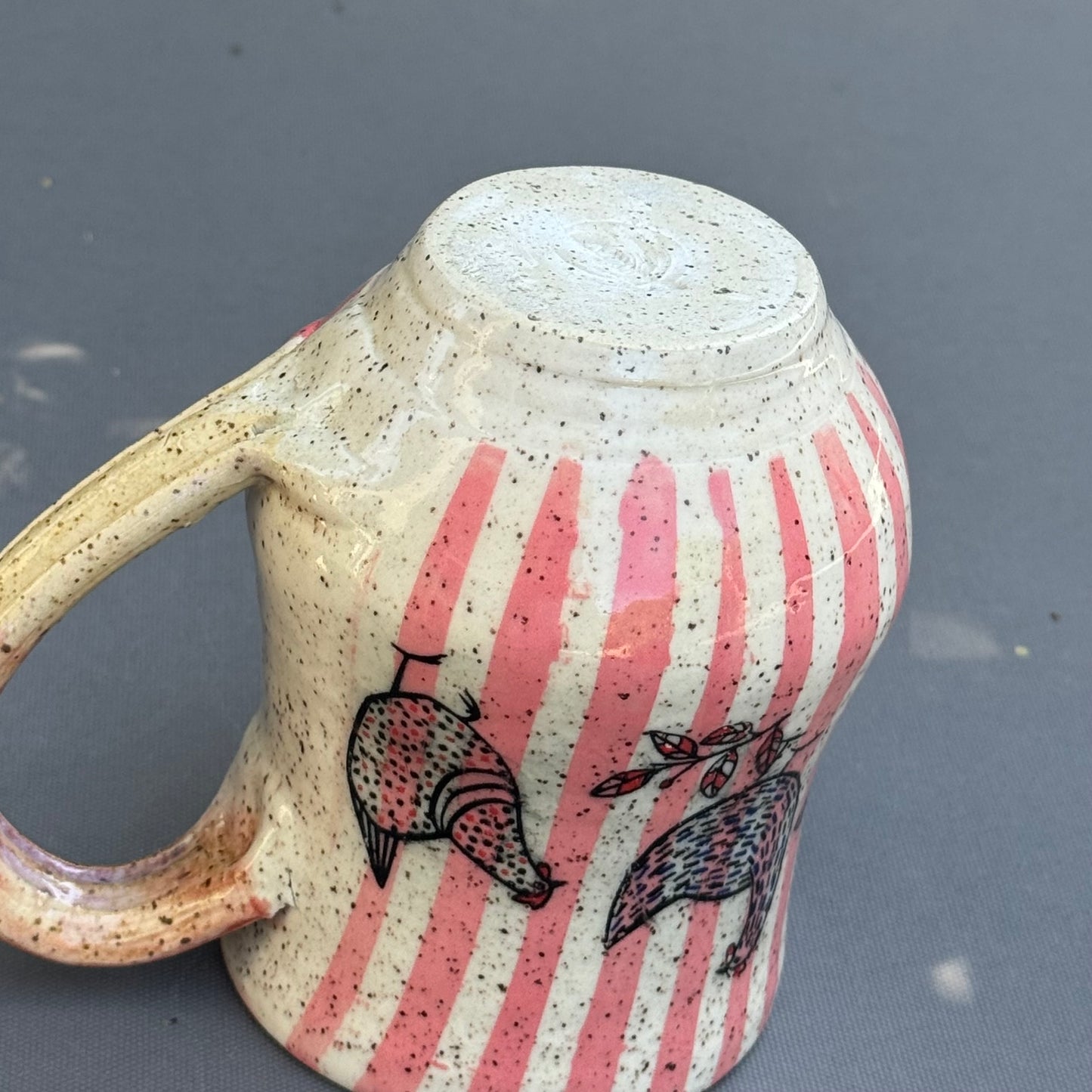 Hand-Thrown Stoneware Mug — Pink Stripe & Chickens