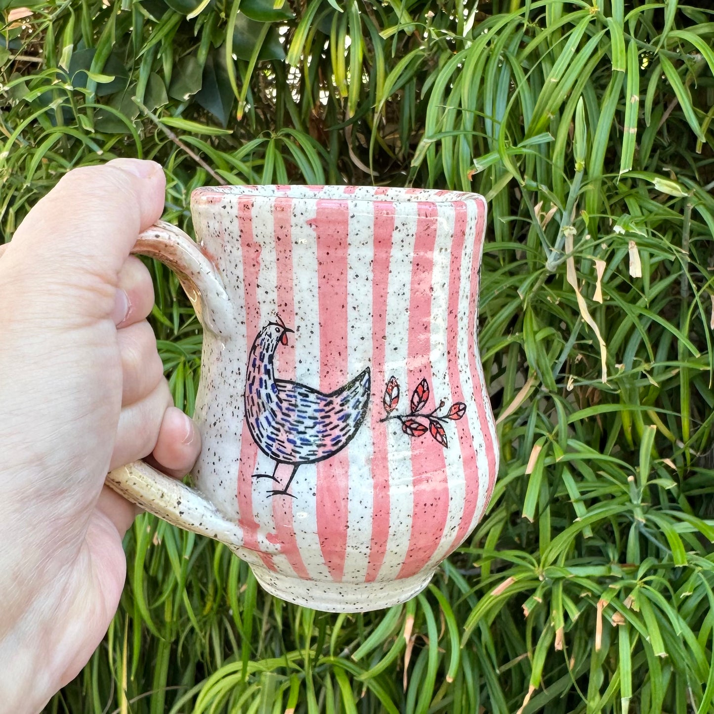 Hand-Thrown Stoneware Mug — Pink Stripe & Chickens
