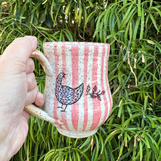 Hand-Thrown Stoneware Mug — Pink Stripe & Chickens
