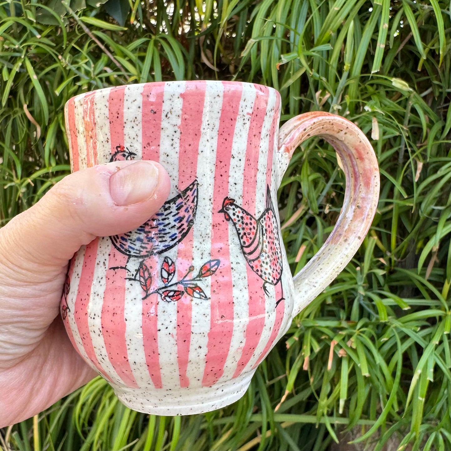 Hand-Thrown Stoneware Mug — Pink Stripe & Chickens