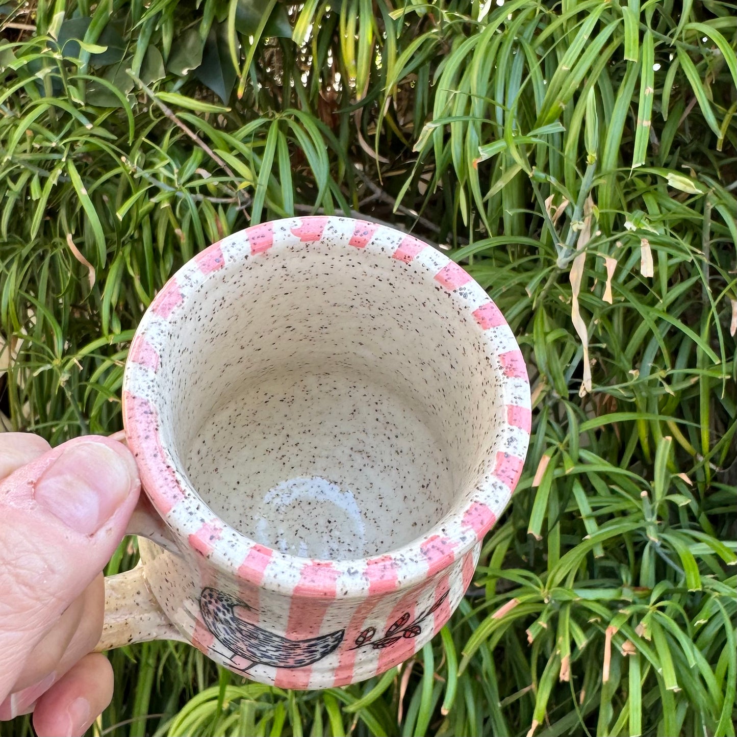 Hand-Thrown Stoneware Mug — Pink Stripe & Chickens
