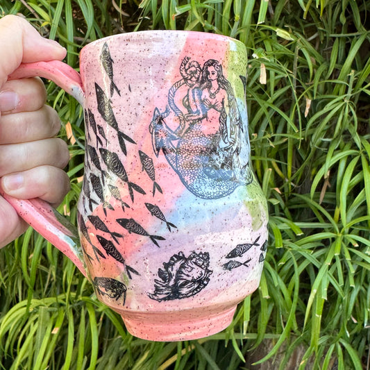 Hand-Thrown Stoneware Mug — Mermaid & Fish